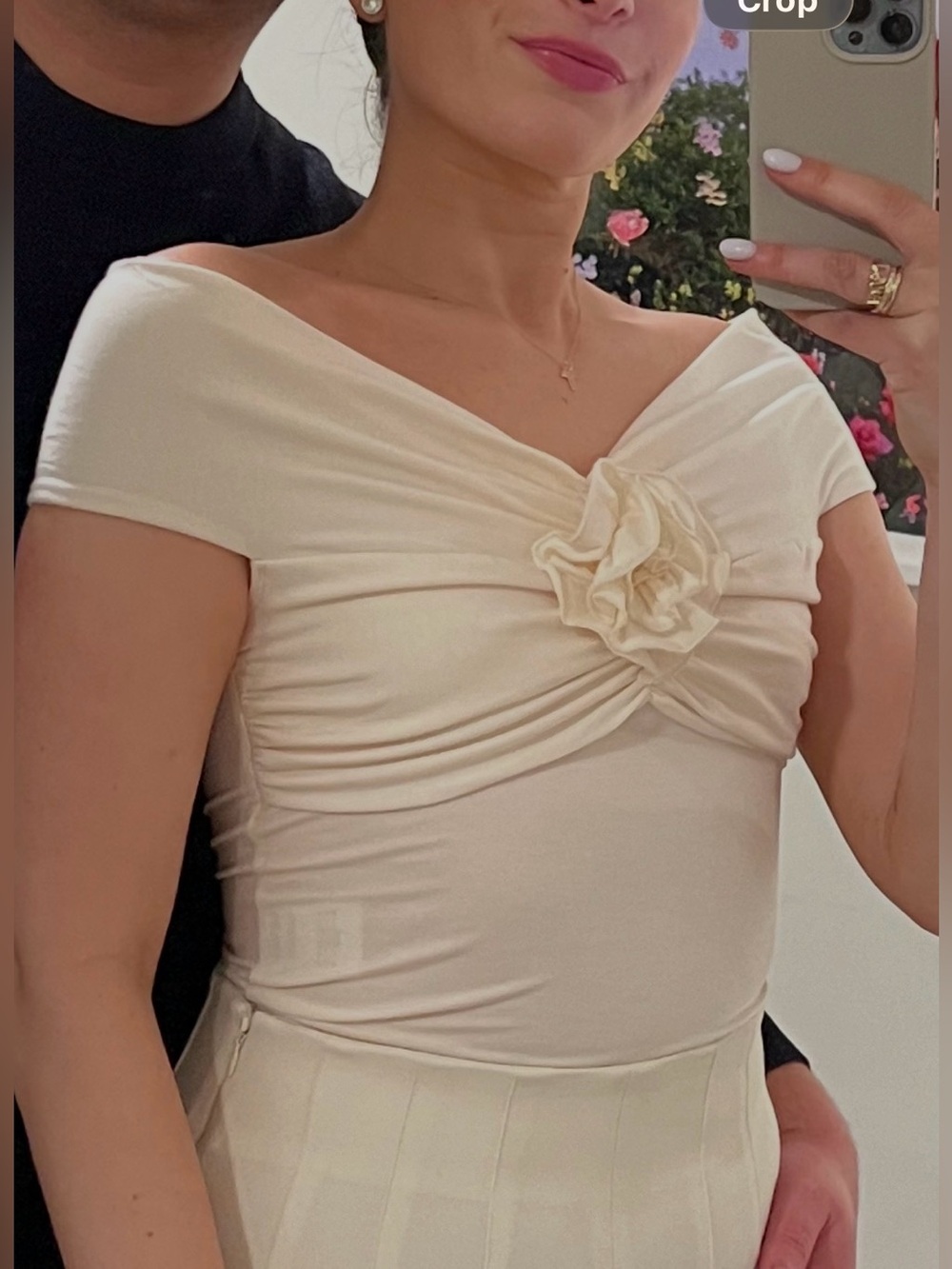 Reformation Off-Shoulder Cream Floral-Accent top